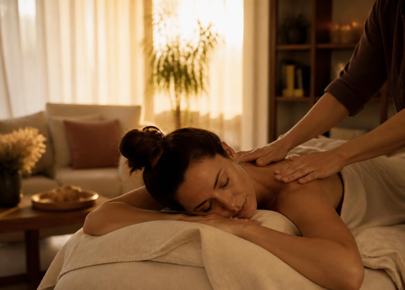 A woman relaxing during a mobile massage in a warmly lit Sydney living room